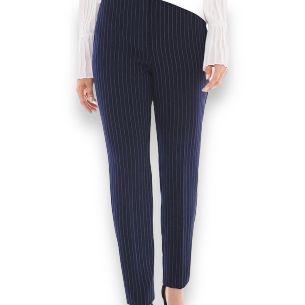 Mid Rise Navy Blue Pinstripe Tapered Trouser Pants